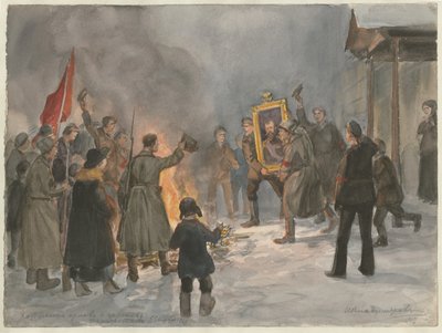 Katonák égető festményeket az akvarellsorozatból Orosz forradalom, 1917 alkotó: Ivan Alexeyevich Vladimirov