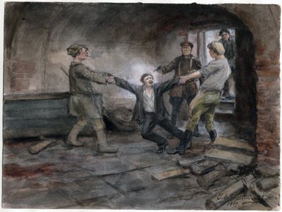 Un detenu emmene pour etre execute - Fogvatartott és kivégzett ember (az orosz forradalom akvarellsorozatból) - Vladimirov, Ivan Alekszejevics (1869-1947) - 1919 - Akvarell papíron - 25,7x34,5 - Magángyűjtemény alkotó: Ivan Alexeyevich Vladimirov