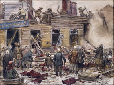 Vlagyimir, Ivan Alekszejevics (1869-1947) faházakat bontó munkások tüzelőanyagért. Akvarell, gouache, papír alkotó: Ivan Alexeyevich Vladimirov