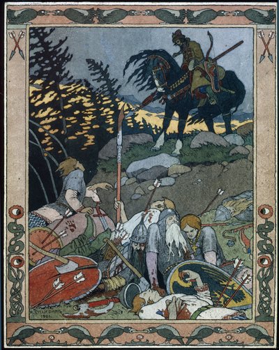 Illusztráció a Maria des mers (Marya Morevna mese illusztrációja) című meséhez. Iván herceg felfedezi a hadsereget, amelyet Mária Morevna, a harcos királynő legyőzött. Ivan Jakovlevics Bilibin (Bilibin) (1876-1942) munkája, akvarell és tus papíron alkotó: Ivan Yakovlevich Bilibin
