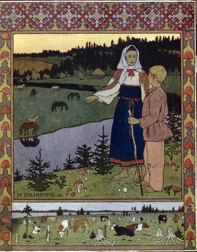 Illusztráció az Alyonouchka és Ivanouchka című hagyományos meséhez. Ivan Jakovlevics Bilibin (Bilibin) (1876-1942) munkája, litográfia alkotó: Ivan Yakovlevich Bilibin