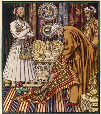 Ali herceg varázsszőnyeget vásárol. Illusztráció egy arab meséhez. (Ali herceg szőnyeget vásárol). Ivan Jakolevics Bilibin (Bilibin) festménye (1876-1942). Akvarell papíron. Szentpétervár, Állami Orosz Múzeum. alkotó: Ivan Yakovlevich Bilibin