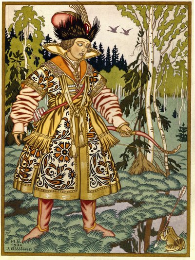 Iván herceg és a béka hercegnő. (Iván Tsarevics és a békahercegnő). Orosz hagyományos mese. Ivan Jakovlevics Bilibin (Bilibin) (1876-1942) munkája, akvarell és gouache papíron alkotó: Ivan Yakovlevich Bilibin