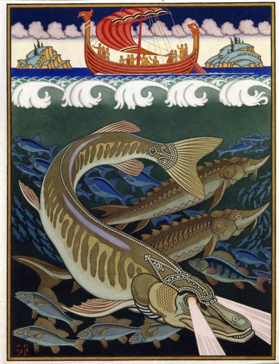 A tenger birodalma (Sea Empire). Orosz hagyományos mese. Ivan Jakovlevics Bilibin (Bilibin) (1876-1942) munkája, akvarell és gouache papíron alkotó: Ivan Yakovlevich Bilibin