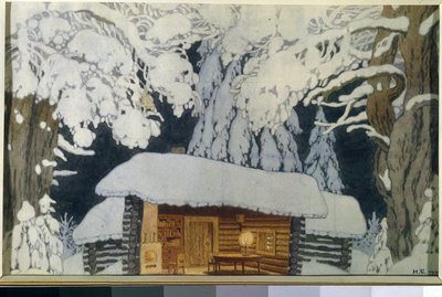 Faház a havas erdőben. Deco a "Suvorov parancsnok" című darabhoz. Ivan Jakovlevics Bilibin (Bilibin) (1876-1942) munkája, akvarell és gouache papíron alkotó: Ivan Yakovlevich Bilibin