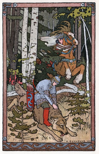 Iván cárevics, a tűzmadár és a szürke farkas, 1899 körül (kőnyomat) alkotó: Ivan Yakovlevich Bilibin