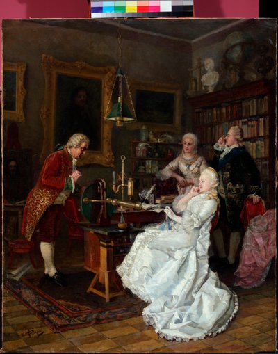 II. Katalin orosz császárné (1729-1796) Mihail Lomonoszovnál (1711-1765) (Katalin császárné M. Lomonoszovnál) Ivan Fjodorov (Feodorov) festménye (1853-1894) alkotó: Ivan Feodorov