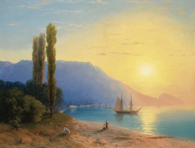 ""Naplemente Jalta felett a Krím-félszigeten"" (Naplemente Jalta felett) Ivan Konstantinovics Aivazowski festménye (Aivazovsky 1817-1900) 1861 - Olaj, vászon Mérete 67x89 cm Magángyűjtemény alkotó: Ivan Konstantinovich Aivazovsky