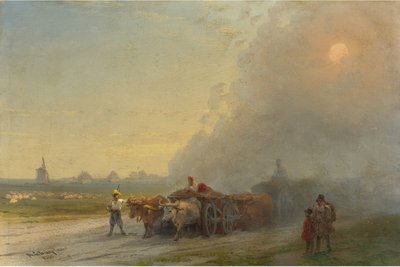 "Ökörszekerek az ukrán sztyeppén" (Ox-carts in the Ukrainian Steppe) Ivan Constantinovich Aivazowski festménye (Aivazovsky 1817-1900) 1888 - Olaj, vászon Mérete 26x38,7 cm Magángyűjtemény alkotó: Ivan Konstantinovich Aivazovsky
