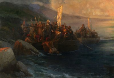 Kolumbusz Kristóf kiszállása San Salvadorban, 1492. október 12., 1892. alkotó: Ivan Konstantinovich Aivazovsky