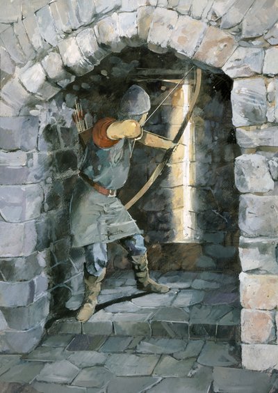 Íjász nyilat lő ki a nyílvesszőn keresztül, Beeston Castle, Cheshire (akvarell, papír) alkotó: Ivan Lapper