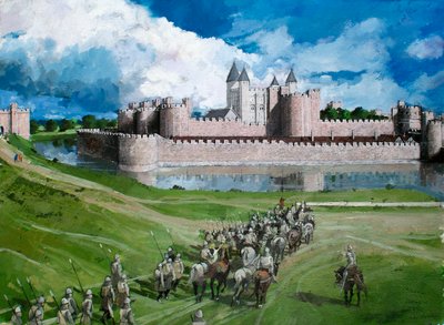 A londoni Tower rekonstruált látképe, amely I. Edward király befejezett külső függönyfalát mutatja 1300-ban. alkotó: Ivan Lapper