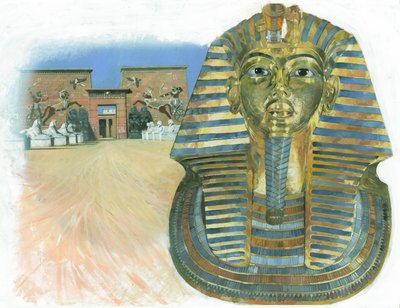 Tutanhamon egyiptomi fáraó múmiájának arany maszkja, háttérben egy ókori egyiptomi templomkomplexummal. alkotó: Ivan Lapper