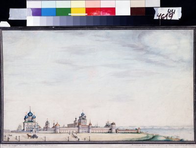 Kilátás Rosztovra, Kremlre. (Kilátás a Rosztovi Kremlre). Ivan Mihajlovics Belogonov (1800-1871) festménye. Akvarell és tinta papírra alkotó: Ivan Mikhaylovich Belogonov