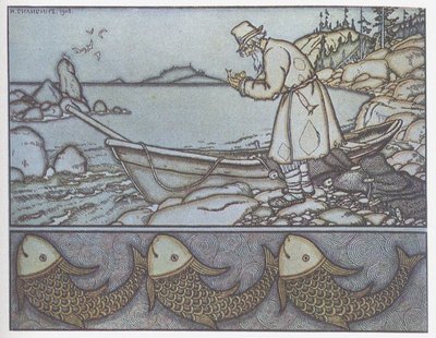 Illusztráció a Halász és a hal meséjéhez alkotó: Ivan Yakovlevich Bilibin