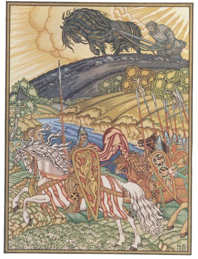 Volga Szvjatoszlavics és Mikula Seljaninovics, 1940 alkotó: Ivan Yakovlevich Bilibin