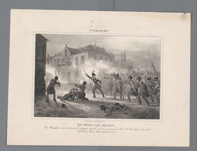 Orange hercege a csapatok élén Ravelsnél, 1831 A narancssárga herceg, miután Ravelsnél felállt a lóról, személyesen vezeti a 18. hadosztály 2. batalyonját az ellenség ellen / (1831. augusztus 3.) (cím a tárgyon) Hét feljegyzés a csatákról o alkotó: J.B. Clermans