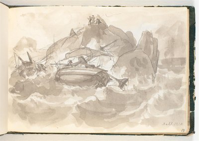 Hajótörés egy sziklás parton. Néhány férfi egy sziklán áll és néz alkotó: Johan Christian Dahl