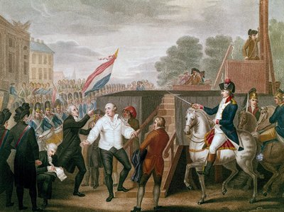 Francia forradalom: „” XVI. Lajos király gyóntatójával, Edgeworth-szel 1793. 01. 21-én” A király állványra emelkedik. Illusztráció: J. F. Cazenave (1770-?) 1793 alkotó: J.F. Cazenave