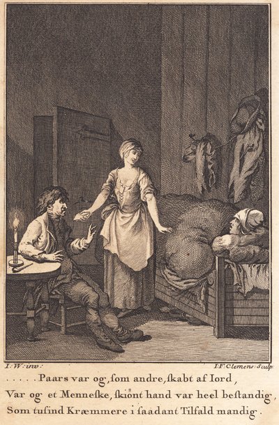 Marthe, a szakács belép Peder Paars és Per Ruus nappalijába alkotó: J.F. Clemens