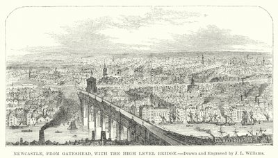 Newcastle, Gatesheadből, a High Level Bridge-vel (metszet) alkotó: J.L. (after) Williams