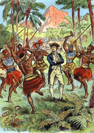 James Cook (1728-1779) és a Hawaii helyi lakosai alkotó: J.L Beuzon (fl.1880-1940)