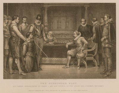 A puskaporos összeesküvés; Guy Fawkes kihallgatása I. Jakab király és tanácsa által a király hálószobájában, Whitehallban. alkotó: J.M.L. Ralston