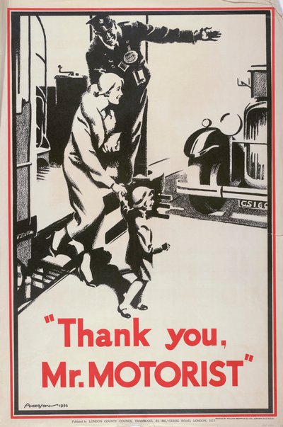 „Thank You Mr Motorist”, London Megyei Tanács LCC Tramways plakátja, 1932 alkotó: JS Anderson