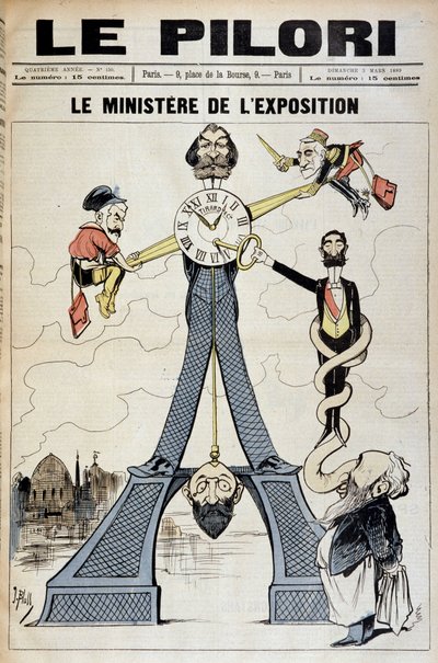 A kiállítási miniszter (rajzfilm a 19. század végi pénzügyi botrányokról és az Eiffel-toronyról). Illusztráció: J. Blass (Albert Douat dit) (1847-1892). A március 3-i „” Le Pilori” címlapja alkotó: J.  Blass