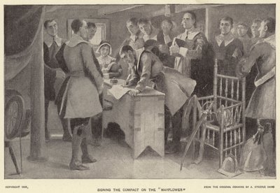 A megállapodás aláírása a "Mayflower"-en (litho) alkotó: J. (after) Steeple Davis