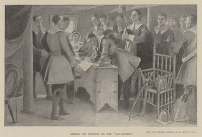 A kompakt aláírása a "Mayflower"-en (litho) alkotó: J. (after) Steeple Davis