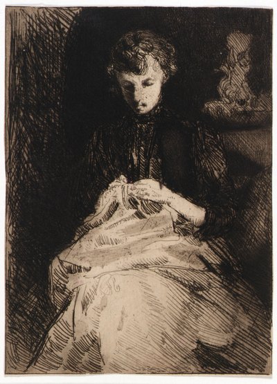 Nő ülve varrás alkotó: J. Alden Weir