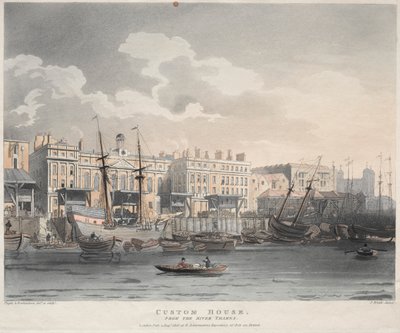 Vámház, a Temze folyótól, 1808. alkotó: J. Bluck