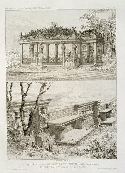 A Cordier által tervezett La Maison Rouge pergolája Villemomble közelében, és a Villa Borghese terasza, Róma, 1880 körül alkotó: J. Boussard