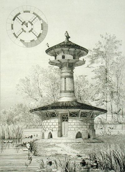 Shelter for Water Fowls at Poissy, a „Constructions et Decorations pour Jardins”-ból, 1880 körül megjelent (metszet) alkotó: J. Boussard