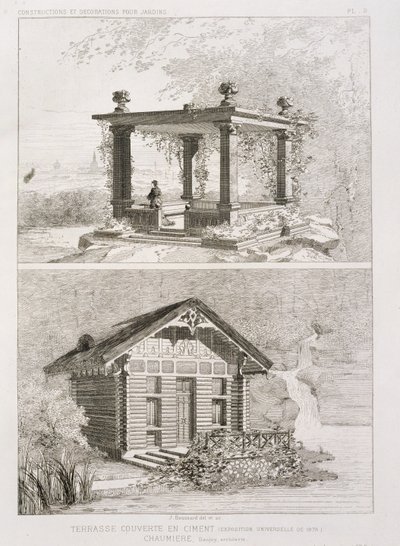 Cementtel borított terasz és Danjoy által tervezett lugas, 1880 körül alkotó: J. Boussard