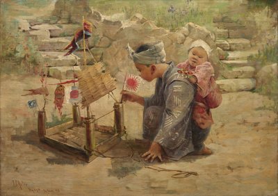 Japán fiú, aki háborús embert épít, 1895. alkotó: J. C. Arter.