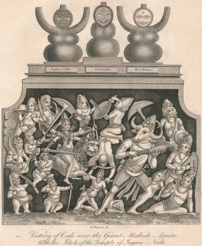 Cali győzelme az óriás Mahishasura felett, Jagannath templomának bálványaival, 1809. alkotó: J. Chapman
