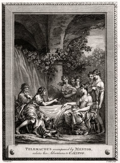 Telemachus Mentor kíséretében elmeséli kalandjait Calypso-hoz, 1774 alkotó: J. Collyer