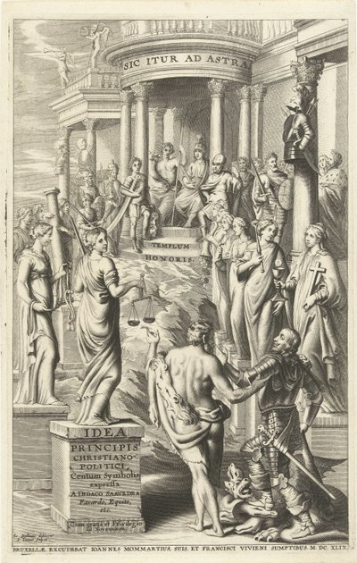 Herkules az erények megszemélyesítésein túl az örök hírnév templomába vezeti az embert Címlap ehhez: Idea principis christiano-politica, Centum Symbolis expressa, Brüsszel 1649 (cím a tárgyon) alkotó: J. Danoot