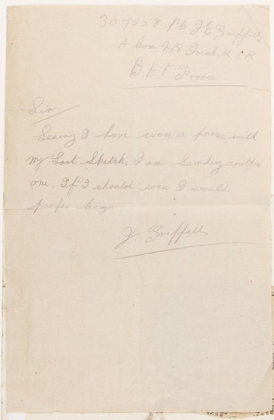 Levél a Liverpool Weekly Courier versenyszerkesztőjének, 1917 alkotó: J. Griffiths