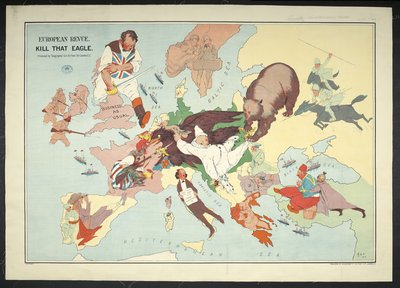 Az európai háborús térség rajzfilmes térképe „European Revue Kill that Eagle” címmel alkotó: J. H. Amschewitz