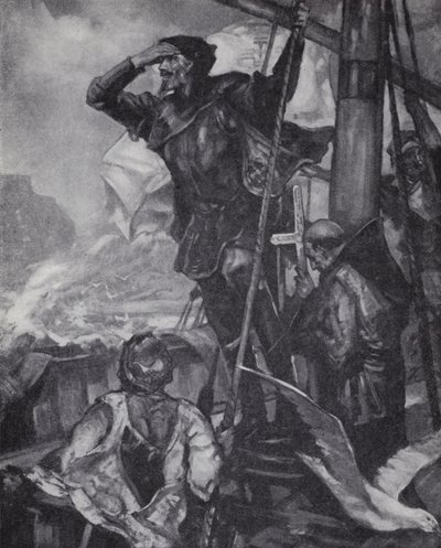 Vasco da Gama portugál felfedező megpillantja a Jóreménység-fokot Indiába vezető útja során. alkotó: J. H. Amschewitz