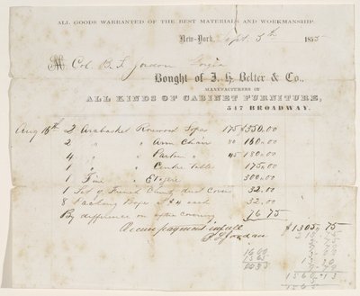 Adásvételi számla B. S. Jordan ezredesnek, 1855. szeptember 5. (tinta papíron) alkotó: J. H. Belter and Co. J. H. Belter and Co.