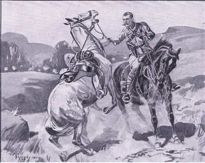 Brown őrnagy, 14. huszárok, liet Browns lovat erős tűz alatt tartva, illusztráció a Pretoria után: A gerillaháború, 1902 alkotó: J. H. Thorneley