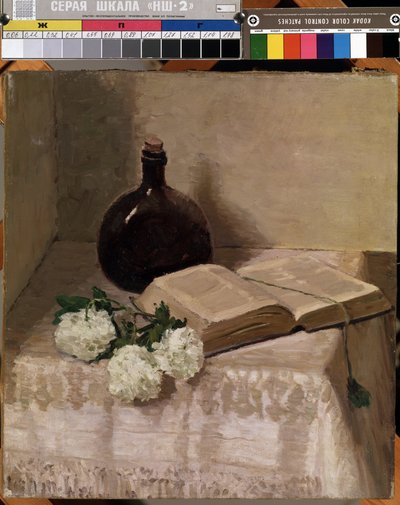 "Csendélet üveggel, nyitott könyvvel és fehér virágokkal" (Csendélet könyvvel) Johannes Hansch festménye (1875-1946) Méret: 45 x 41,5 cm Mikalojus Konstantinas Ciurlionis Szépművészeti Múzeum, Kaunas, Litvánia alkotó: J. Hansch
