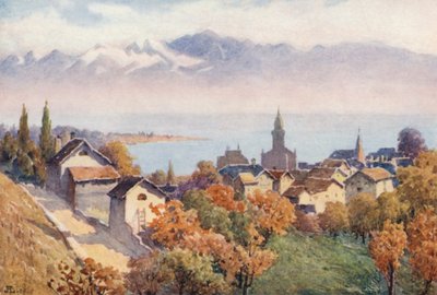 Morges és a tó a Vufflens felé vezető útról (színes litográfia) alkotó: J. Hardwicke Lewis