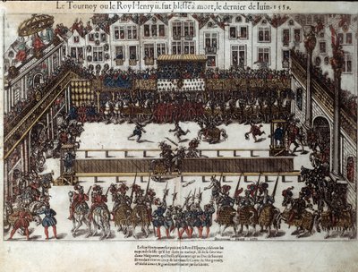 II. Henri torna és halála (1559. június 30.): lánya esküvőjén (jelenleg Place des vosges) harcolt Gabriel de Montgomery, skót gárdája kapitánya ellen, aki lándzsával a szemébe bántja. századi metszete Pe alkotó: J. J. and Tortorel J. (fl.1568 92) Perrissin