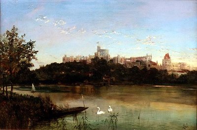 Figurák egy puntban és Hattyúk a Temzén a Windsori kastéllyal a háttérben (olaj, vászon) alkotó: J. Lewis