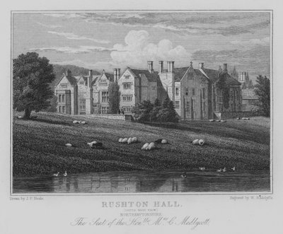 Rushton Hall, South West View, Northamptonshire, The Seat of the Honorable Mrs C Medlycott (metszet) alkotó: John Preston Neale